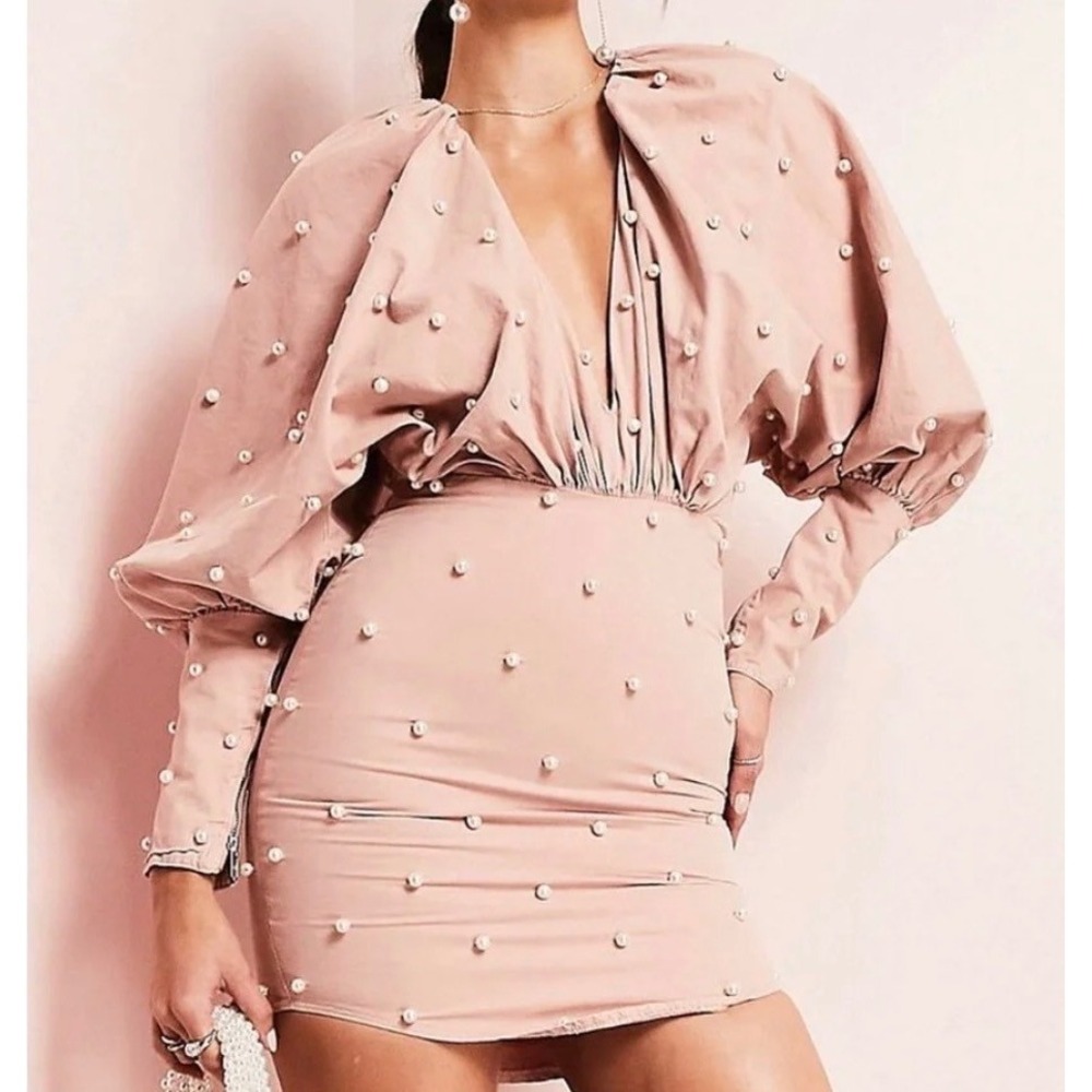 Asos Luxe Womens Size 2 Blush Puff Sleeve Mini Dress Pearls Glam Club Party NWT